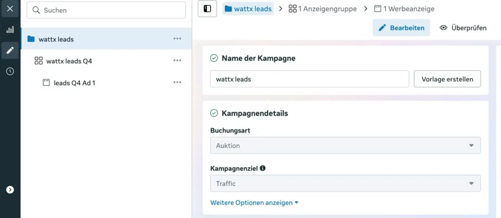 Beispiel Kampagnen-Struktur auf meta-ads