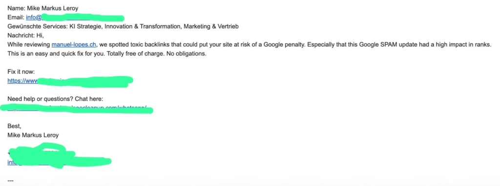 Beispiel Black Hat SEO Anfrage