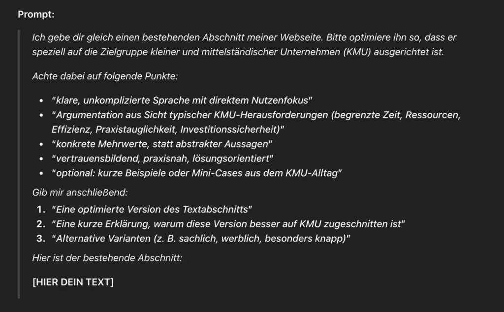 ChatGPT Anleitung zur Anpassung eines bestehenden Webseiten-Texts