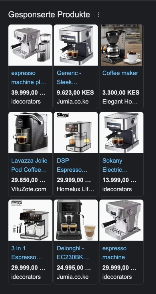 Shopping Ads für den Suchbegriff "Kaffee Maschine kaufen"