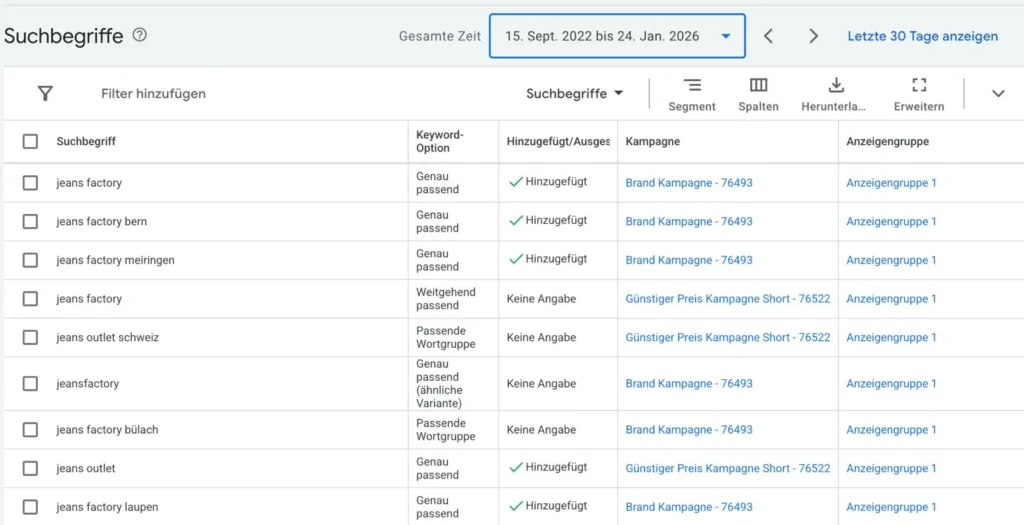 Suchbegriffe in einem Google Ads Account, zeigen, für welche Keywords die Anzeigen tatsächlich gezeigt wurden.