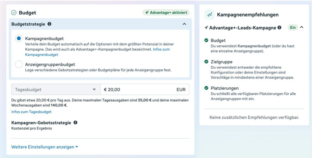 Meta Advantage Plus Anzeigen Einstellung