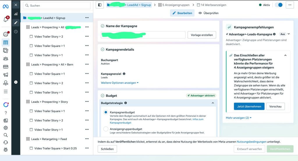 Beispiel einer sauberen Kampagnenstruktur auf Facebook-Ads